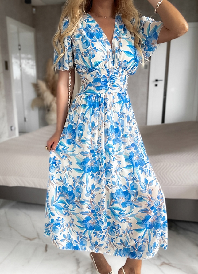 Wiosenna MAXI sukienka z talią w niebieski kwiatowy wzór - N027