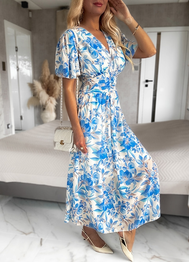 Wiosenna MAXI sukienka z talią w niebieski kwiatowy wzór - N027