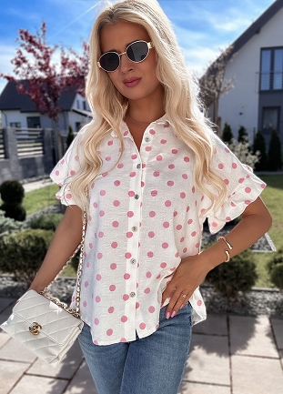 Bawełniana biała bluzka koszulowa w różowe grochy - N184