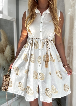 Biała sukienka z bawełny zapinana na guziki z dołem haftowanym na złoto - N180